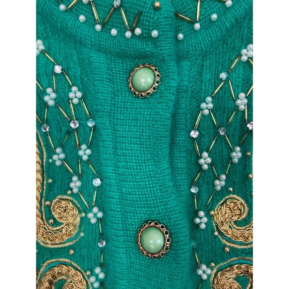 *Vintage Belldini Angora Embellished Button Cardigan Sweater M Green Gold Jewel - Picture 7 of 11